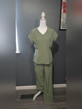 White Cross Sage Green Scrub Set - V-Neck Top & Pants